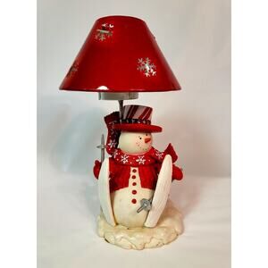 Snowman With Ski's Tea Lite Red White Holiday Ceramic Figure Metal Shade A1Shape